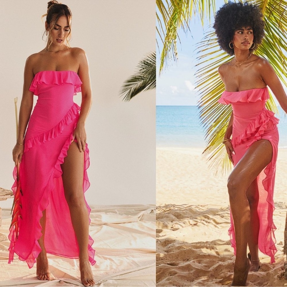 House Of Cb 'Sarina' Fuchsia Ruffle Maxi Dress Nwt